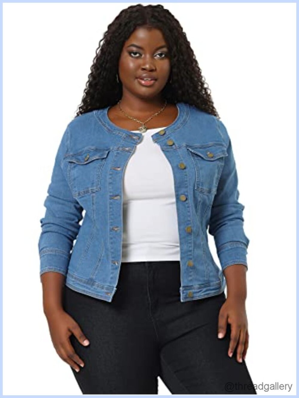 Women's Plus Size Collarless Long Sleeve Denim Jacket Button Down